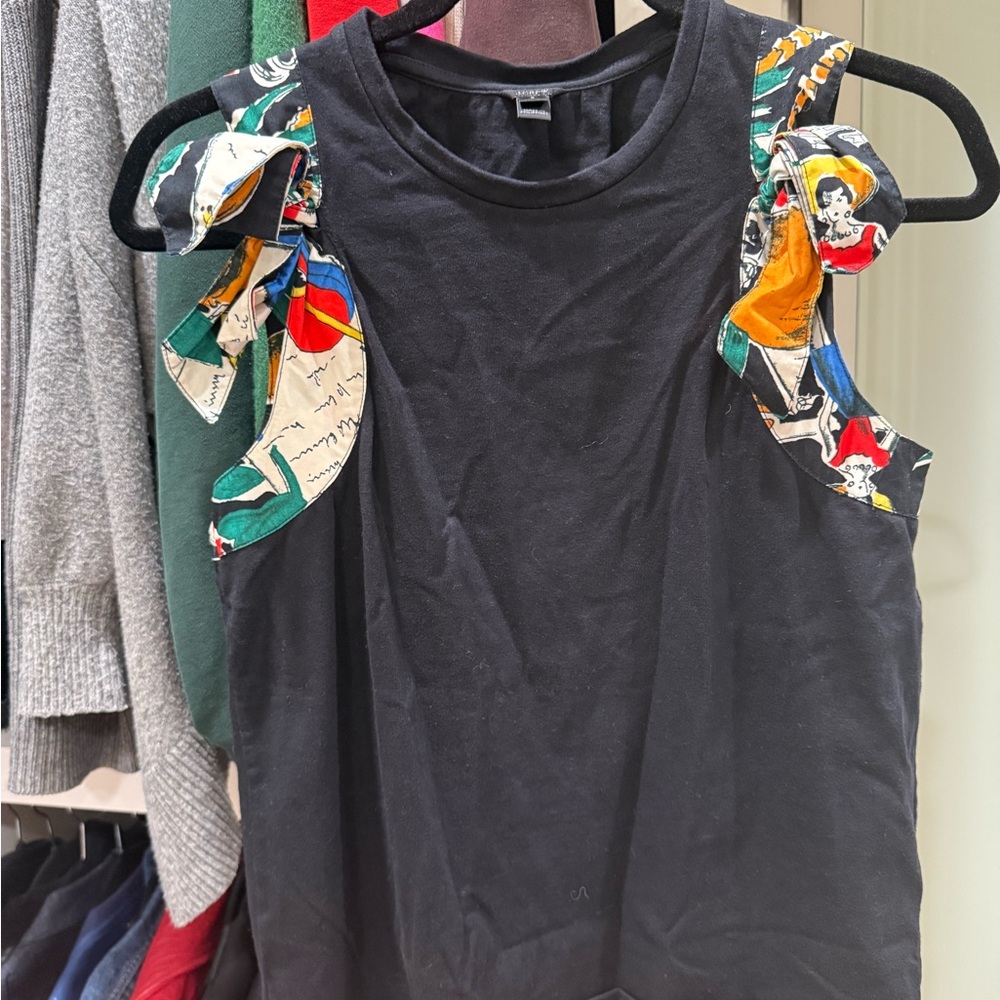 Black Sleeveless Top with Colorful Ruffle Details